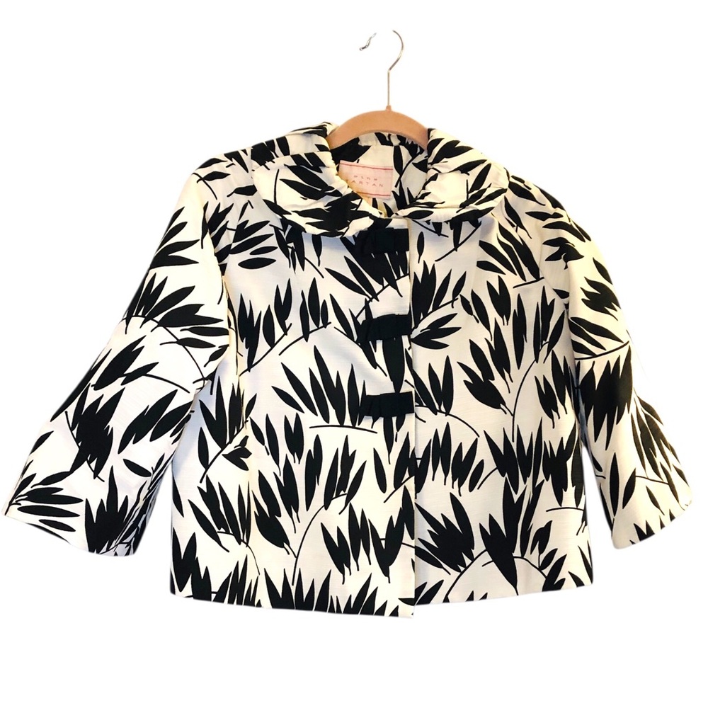 Pink Tartan Leaf Print Crop Jacket accented with Black Snap Button Bows